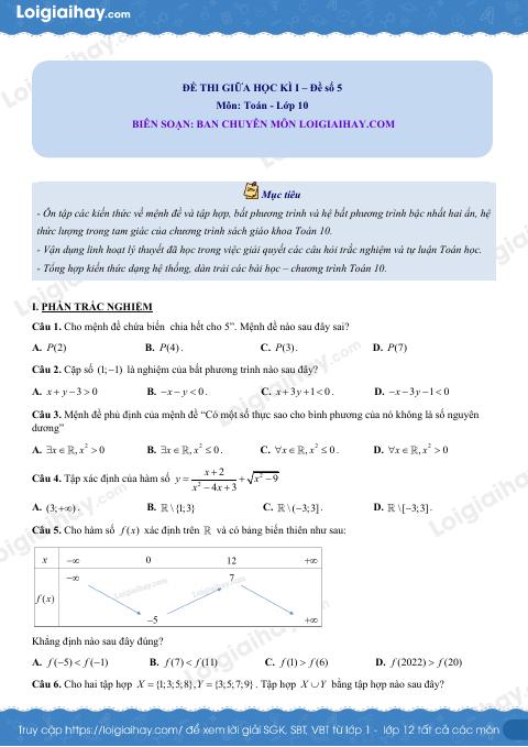Đề thi giữa kì 1 Toán 10 Cánh diều - Đề số 5